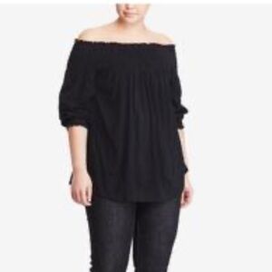 Lauren Ralph Lauren Smocked Embroidered Cotton and Modal Top Black Size Large